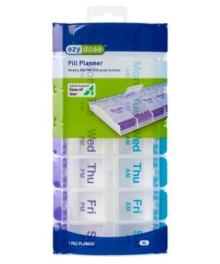 EZY DOSE Push Button (7-Day) Pill Case, Medicine Planner, Vitamin Organizer, 2 Times a Day AM/PM, Large Compartments, Arthritis Friendly, Clear Lids, Purple/Blue Blue and Purple (Clear Lids) 22 51CaIL00sL