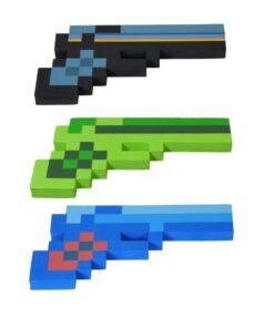 8BIT TOYS 8 Bit Pixelated Blue Diamond, Black Stone & Green Zombie Foam Gun Set of 3