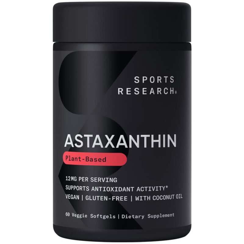 Sports Research Triple Strength Vegan Astaxanthin Supplement from Algae - Plant Based Softgels for Antioxidant Activity, Skin & Eye Health - Non-GMO Verified, Made with Coconut Oil - 12mg, 60 Count 60 Count (Pack of 1) 12mg Vegan