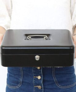 Jssmst Large Locking Cash Box with Money Tray, Lock Box with Security Cable Metal Money Box with Key Lock, Black, CB02304XL Black Key Lock 34 51FfGKuC5L