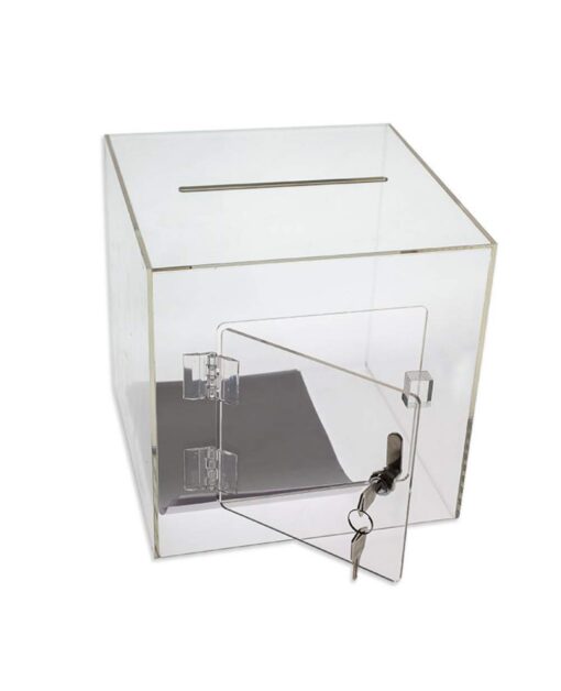 Source One Premium Acrylic Cube Donation Box with Deluxe Rear Open Door and Cam Lock Suggestion Box 8 Inch