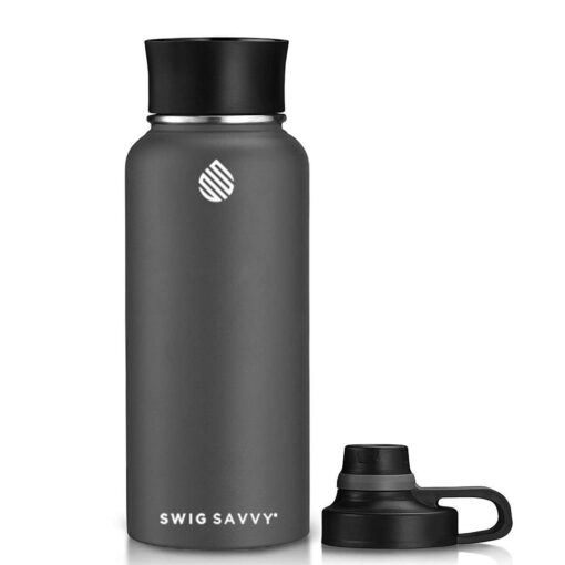 Swig Savvy Sports Water Bottle, Vacuum Insulated Stainless steel, Double Wall, Wide Mouth 2 Leakproof Lid, Travel Thermos - 30oz Black