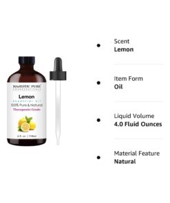 MAJESTIC PURE Lemon Essential Oil, Premium Grade, Pure and Natural Premium Quality Oil, 4 fl oz 4 Fl Oz (Pack of 1) 31 51GSHDC8JpL