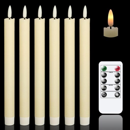 GenSwin Flameless Ivory Taper Candles Flickering with 10-Key Remote, Battery Operated Led Warm 3D Wick Light Window Candles Real Wax Pack of 6, Christmas Home Wedding Decor(0.78 X 9.64 Inch) A-6 Ivory