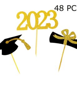 YuBoBo 2023 Graduation Cupcake Toppers, 48 PCS Food/Appetizer Picks For Graduation Party Mini Cake Decorations, Diploma, 2023, Grad Cap Set 48 Pieces (Gold) Gold 25 51KY d76uFL