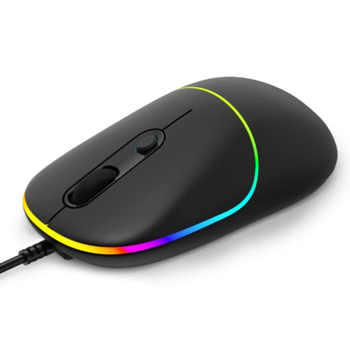 FENISIO Wired Mouse, USB Computer Mouse with Backlit, Ultra Silent Wired Mouse with 6400 DPI, Ergonomic LED Corded Mouse for PC, Laptop, Desktop, MacBook, Windows Black