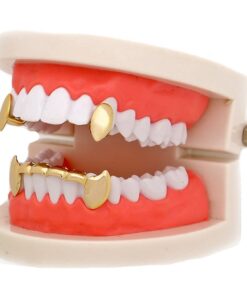 LuReen 14k Gold Vampire Dracula Teeth Grillz 2pc Single Fangs and 6 Bottom Grillz Set for Halloween Costume Cosplay 15 51L7P2zMdS