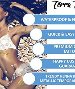 Terra Tattoos Gold Metallic Temporary Tats 75+ Boho Henna Designs Feathers, Tribal, Elephants - Waterproof Nontoxic Long Lasting Perfect for Beach, Festivals, & more! 11 51MjI20KeRL 1