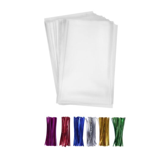 200 Poly Treat Bags 5x7 with 4" Twist Ties Assorted Colors - 1.4mils Thickness OPP Plastic Bags of Candy Cookie Treat (5'' x 7'') 5'' x 7''