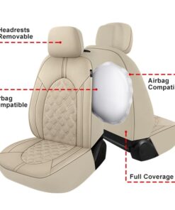 CAROMOP Luxury Leather Car Seat Covers Full Set-Waterproof Seat Protectors with Split Bench Seat Covers for Cars-Universal Cars Interior Covers for Sedans, SUVs, Pick-up Trucks(Beige/Beige Line) Beige 10 51NUSCe2DL