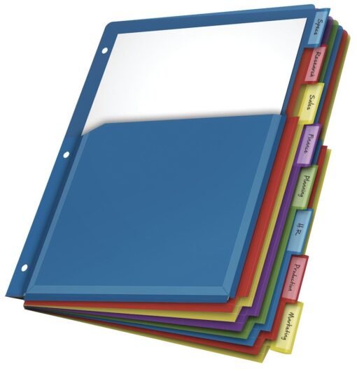 Cardinal Expanding Plastic Binder Dividers, Flexible Front Pockets Expand 1/4", 8-Tab, Insertable Multicolor Tabs, Letter Size, 1 Set (84013) , 100 sheets , Assorted