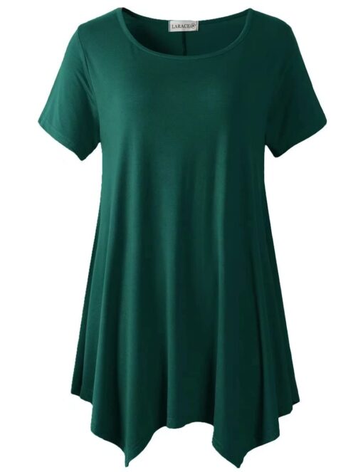 LARACE Short Sleeve Shirts for Womens Plus Size Tops Casual Summer Clothes Asymmetrical Tunic Blouses Dark Green 1X