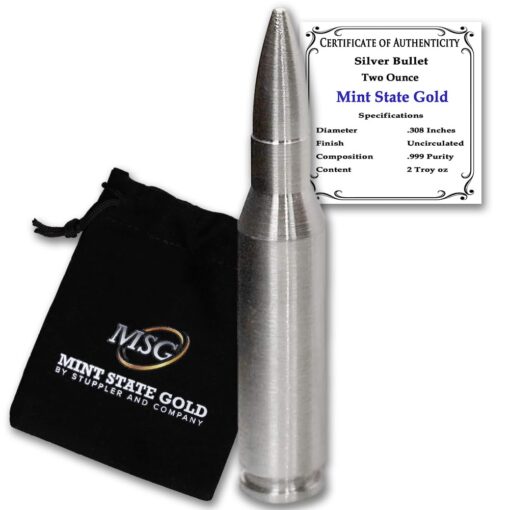 Silver 2 oz .308 Caliber Bullet - Solid .999 Pure Silver by Mint State Gold