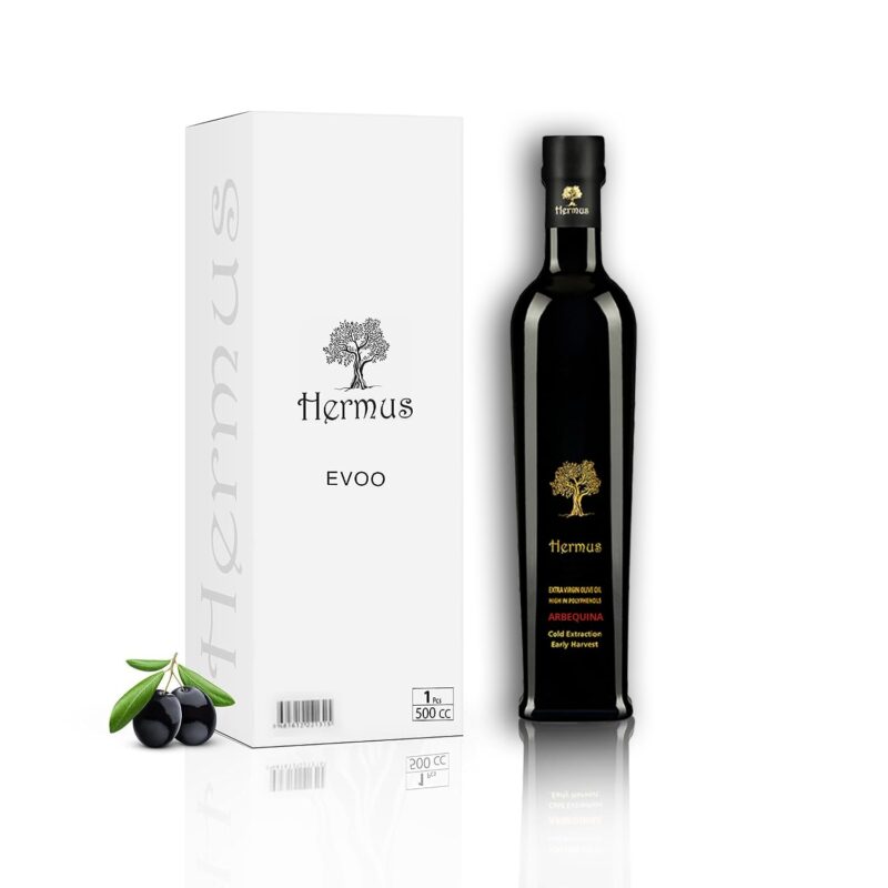 Catalog 3 Hermus - Arbequina Organic Cold Pressed Extra Virgin Olive Oil, Polyphenol Rich, Early Harvested by Hand | EVOO from Turkey | Gold Medal Awarded | Glass Bottle | 16.9 fl oz, 500 ml