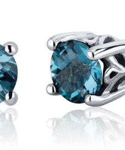 Peora London Blue Topaz Stud Earrings 925 Sterling Silver, Solitaire Scroll Gallery, Natural Gemstone Birthstone, 2 Carats Total, Round Shape 6mm, Friction Backs 20 51RhLTwS vL