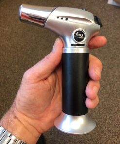 Blow Torch, Professional Kitchen Cooking Torch with Lock Adjustable Flame Refillable Mini Blow Torch Lighter for BBQ, Baking, Brulee Creme, Crafts and Soldering(Butane Gas Not Included) Silver+black 31 51RhRsrsqdL