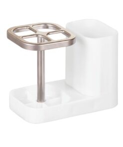 mDesign Plastic Toothbrush Storage Organizer Holder with Cup for Bathroom, Vanity, Countertop Space - Holds Brushes, Toothpaste, Floss, Dental Accessories - White/Satin 24 51S4R2bs58L