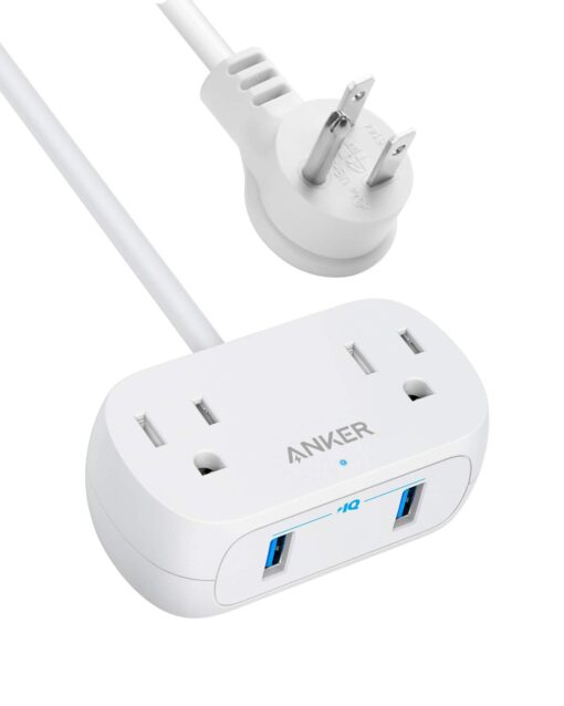 Anker Extension Cord,Mini Power Strip with USB Ports ,2 Outlets and 2 USB-A Ports, Flat Plug, 5 ft Extension Cord, Safety System for Travel, Desk, and Home Office, TUV Listed White-Round Extension Cord