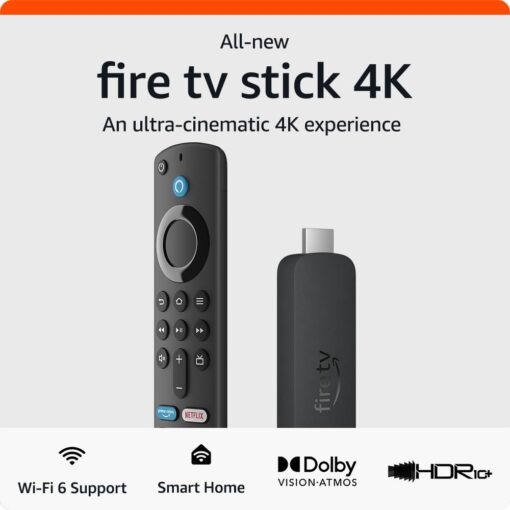 All-new Amazon Fire TV Stick 4K streaming device, includes support for Wi-Fi 6, Dolby Vision/Atmos, free & live TV