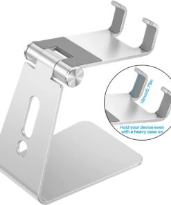 Alternative view of Adjustable Cell Phone Stand, OMOTON Aluminum Desktop Cellphone Stand with Anti-Slip Base and Convenient Charging Port, Fits All Smart Phones, Silver