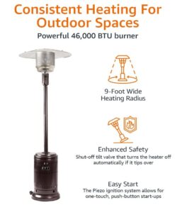 Amazon Basics 46,000 BTU Outdoor Propane Patio Heater with Wheels, Commercial & Residential, Havana Bronze, 32.1 x 32.1 x 91.3 inches (LxWxH) Powder Coated 31 51U1ibpb7NL 1
