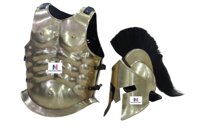 Roman Muscle Armor Set Medieval Cuirass with Spartan Helmet, Leg & Arm Guard - Halloween Gold