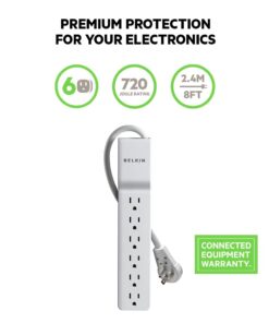 Belkin Power Strip Surge Protector - 6 AC Multiple Outlets - Flat Rotating Plug, 8 ft Long Heavy Duty Extension Cord for Home, Office, Travel, Computer Desktop & Charging Brick - White (720 Joules) 8' 21 51Uh6i27tsL