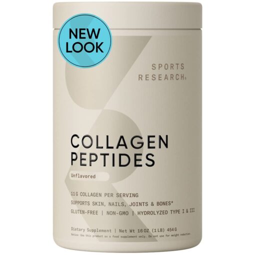 Sports Research Collagen Peptides for Women & Men - Hydrolyzed Type 1 & 3 Collagen Powder Protein Supplement for Healthy Skin, Nails, Bones & Joints - Easy Mixing Vital Nutrients & Proteins Unflavored 1 Pound (Pack of 1)