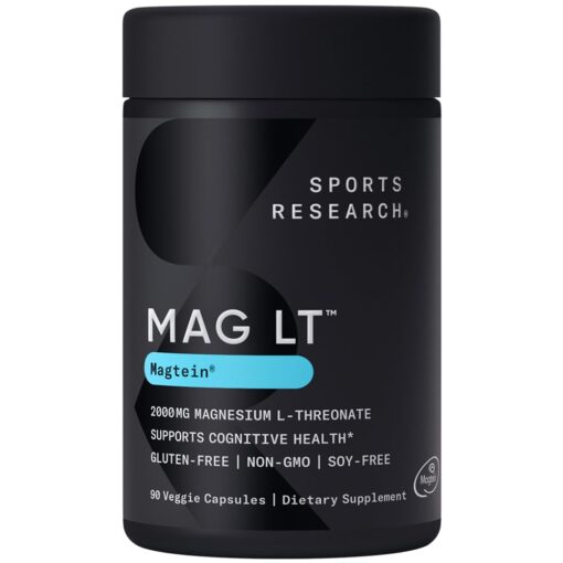 Sports Research Magtein Magnesium L-Threonate Capsules - Magnesium Supplement for Memory, Focus & Cognition - Magnesium L Threonate Supports Brain Health, Sleep & Mood - 2000mg, 90 Capsules for Adults 90 Count (Pack of 1)