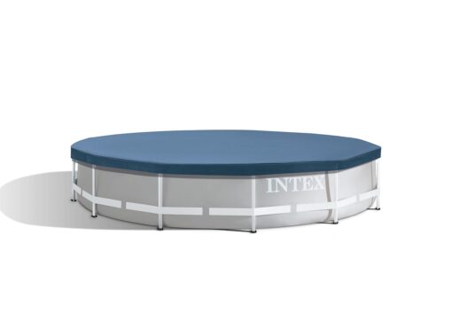 INTEX 28031E Pool Cover: For 12ft Round Metal Frame Pools – Includes Rope Tie – Drain Holes – 10in Overhang – Snug Fit 12-Foot