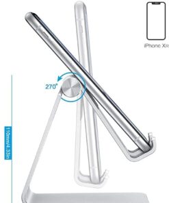 Adjustable Cell Phone Stand, OMOTON Aluminum Desktop Cellphone Stand with Anti-Slip Base and Convenient Charging Port, Fits All Smart Phones, Silver 20 51XmNsipwbL