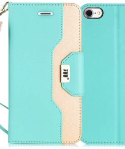 FYY Leather Case with Mirror for iPhone SE Case 2022 (3rd Gen)/iPhone SE Case 2020 (2nd Gen)/iPhone 7 Case/iPhone 8 Case 4.7",Wallet Flip Folio Phone Case with Mirror and Wrist Strap-Mint Green A-Mint Green 15 51XvTE7RFUL 1