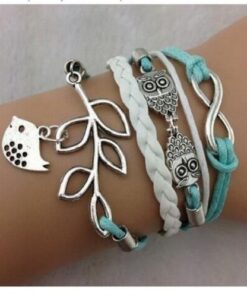 Hithop Vintage Handmade Infinity Silver 8 Owl Leaf Bird Leather Bracelet Wristband 13 51YlZcjCosL