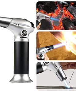 Blow Torch, Professional Kitchen Cooking Torch with Lock Adjustable Flame Refillable Mini Blow Torch Lighter for BBQ, Baking, Brulee Creme, Crafts and Soldering(Butane Gas Not Included) Silver+black 30 51am4UVEymL