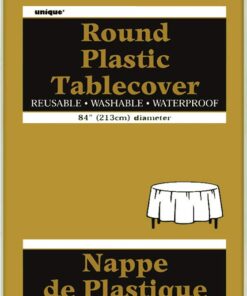 Elegant Gold Solid Round Plastic Table Cover (84")- Premium Waterproof Tablecloth - Perfect For Parties & Events, 1 Pack 84" 3 51bHPM zY5L
