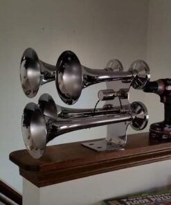 Vixen Horns Train Horn for Truck/Car. 4 Air Horn Chrome Plated Heavy Duty Trumpets. Super Loud dB. Fits 12v Vehicles like Semi/Pickup/Jeep/RV/SUV VXH4318 17 51bV GLAFxL