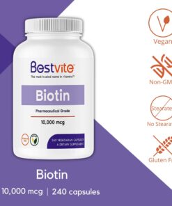 BESTVITE Biotin 10,000mcg (240 Vegetarian Capsules) - No Stearates - No Dicalcium Phosphate - No Artificial Sweeteners - No Flavors - No Flow Agents - Vegan - Non GMO - Gluten Free 240 Count (Pack of 1) 8 51bbGJGnJsL