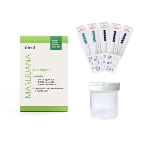 Utest (5-Test Strips + Cup) THC Home Tests for 50 ng/mL (3 Strips) and 15 ng/mL (2 Strips) 1-Pack