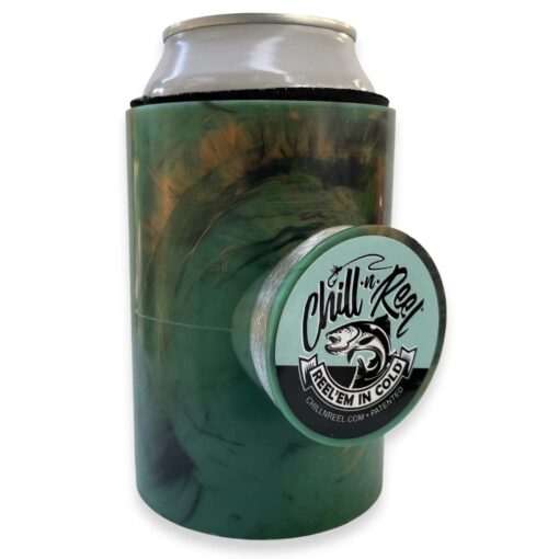 Chill-N-Reel Fishing Can Cooler (from Shark Tank) | Hard Shell Drink Holder with Hand Line Reel Attached | Fits Any Standard Insulator Sleeve or Coozie | Unique Fun Fishing Gift Camo