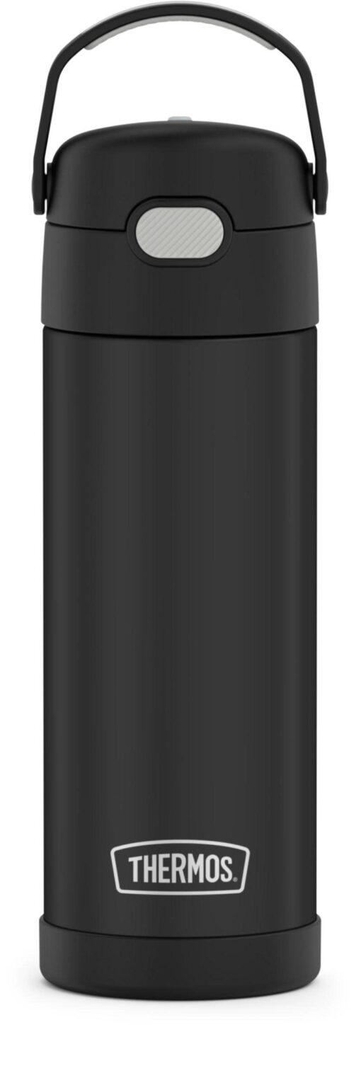 THERMOS FUNTAINER 16 Ounce Stainless Steel Vacuum Insulated Bottle with Wide Spout Lid, Black Matte Matte Black