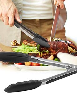 Vivree Kitchen Tongs Set - Salad & Grill Stainless Steel Serving Tongs with Silicone Tips - 9"&12" (Black) Black 47 51fNdXfEmL 1