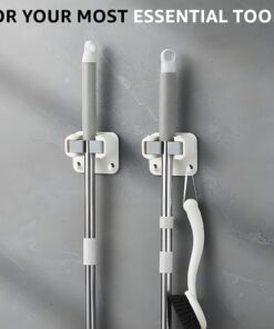 New Version 4pcs Self Adhesive Broom Holder with Gripper and 2 Hooks, Damage Free Broom Mop Holder, No Drill Anti-Slip Wall Mount Broom Gripper Organizer for Bathroom Kitchen Garden Garage 17 51fVQruWh6L