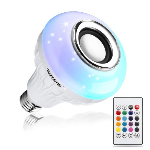 Texsens LED Light Bulb Bluetooth Speaker, 6W E26 RGB Changing Lamp Wireless Stereo Audio with 24 Keys Remote Control