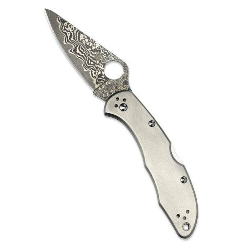 Spyderco - Delica 4 Titanium Handled Damascau Knife with PlainEdge Stainless Steel Blade - Trademarked Round Hole - Back Lock Mechanism - C11TIPD Titanium Handle