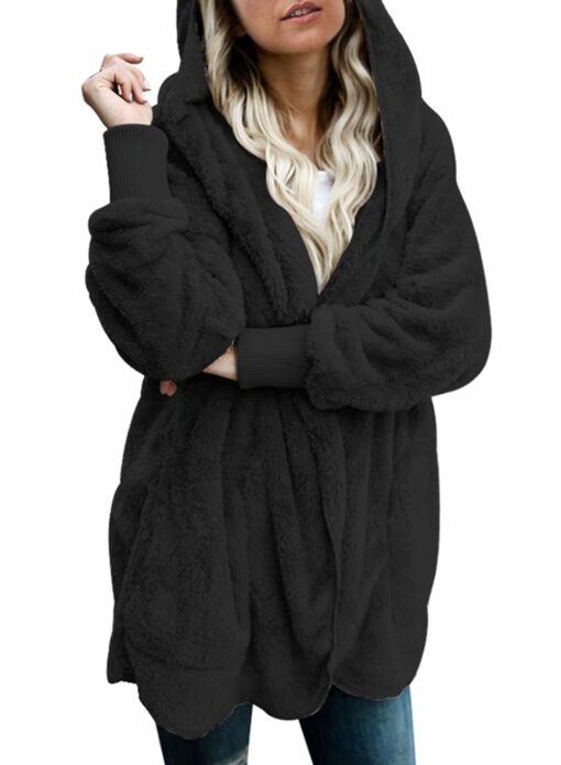 Dokotoo Womens 2023 Winter Long Sleeve Solid Fuzzy Fleece Open Front Hooded Cardigans Jacket Coats Outerwear with Pocket XX-Large A Black