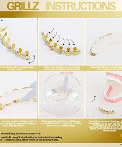 24K Plated Gold Grillz Vampire Fangs Caps Top And Bottom Grill Set Mouth Teeth For Son Gift + Extra Molding Bars + Microfiber Cloth 12 51k5S3O32pL