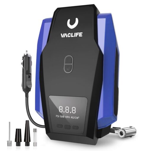 VacLife Tire Inflator Portable Air Compressor - Pump for Car Tires (up to 50 PSI), 12V DC Bikes 150 PSI) w/LED Light, Digital Pressure Gauge, Model: ATJ-1166, Blue (VL701) Large