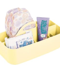 mDesign Plastic Portable Nursery Storage Organizer Caddy Tote - Divided Basket Bin with Handle - Holds Bottles, Spoons, Bibs, Pacifiers, Diapers, Wipes, Baby Lotion - Light Yellow 12 51m9sQGguhL