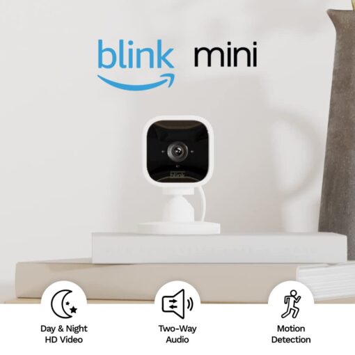 Blink Mini – Compact indoor plug-in smart security camera, 1080p HD video, night vision, motion detection, two-way audio, easy set up, Works with Alexa – 1 camera (White) White Camera Only