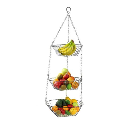 Home Basics Kitchen 3 Tier Wire Detachable Customizable Round Hanging Fruit Baskets , Heavy Duty, Space Saving, Chrome Finish